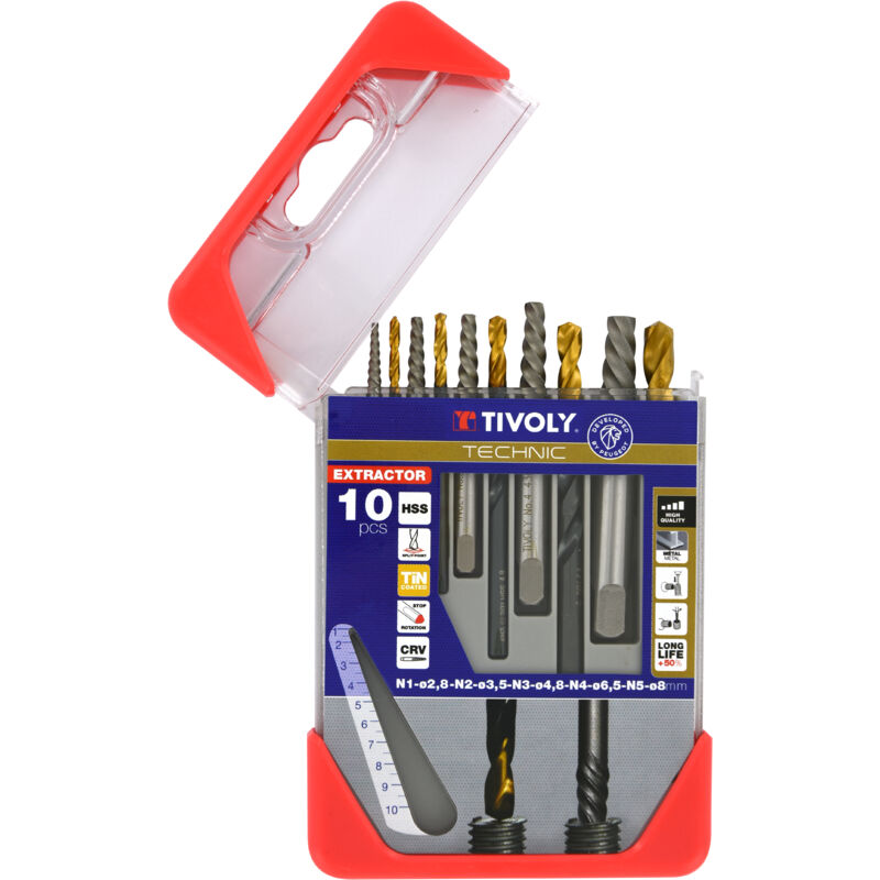 foto del prodotto tivoly scatola da 10pz, contenente 5 estrattori per prigionieri e viti rotte n1, n2, n3, n4, n5 e 5 punte assortite hss steam tin