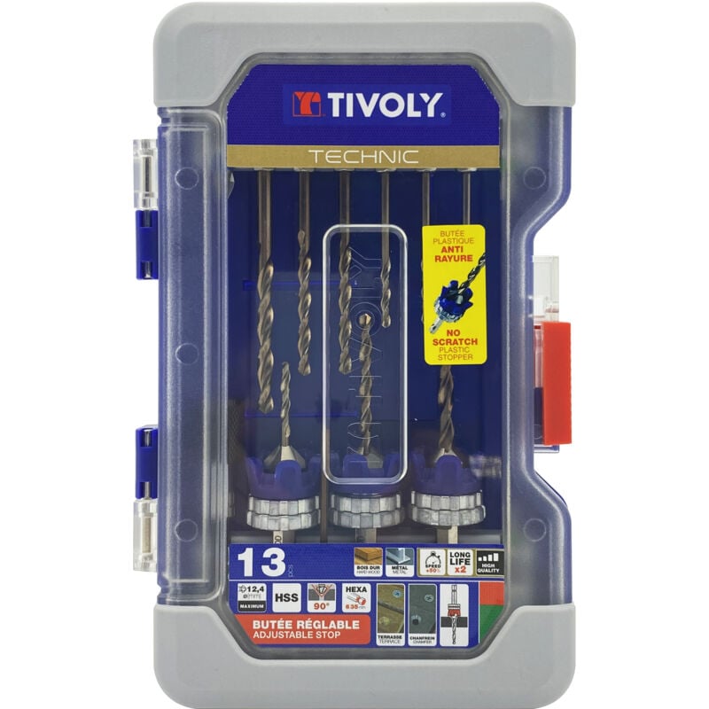 foto del prodotto tivoly scatola da 13 pezzi 3 kit punte legno metallo e svasatori 2in1 hss 6 punte hss 3 punte inox accessori