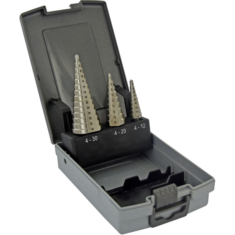 foto del prodotto tivoly scatola da 3 punte coniche a gradini hss autocentranti scanalature diritte da 4mm a 12mm da 4mm a 20mm da 4mm a 30mm lunga