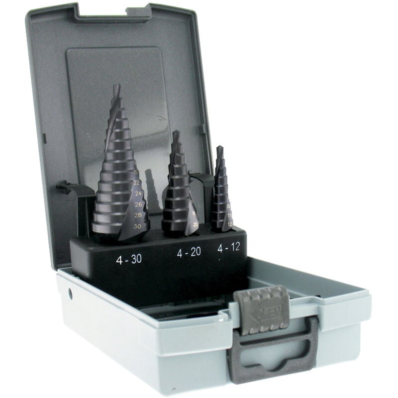 foto del prodotto tivoly scatola da 3 punte coniche a gradini hss autocentranti scanalature elicoidali da 4mm a 12mm da 4mm a 20mm da 4mm a 30mm 