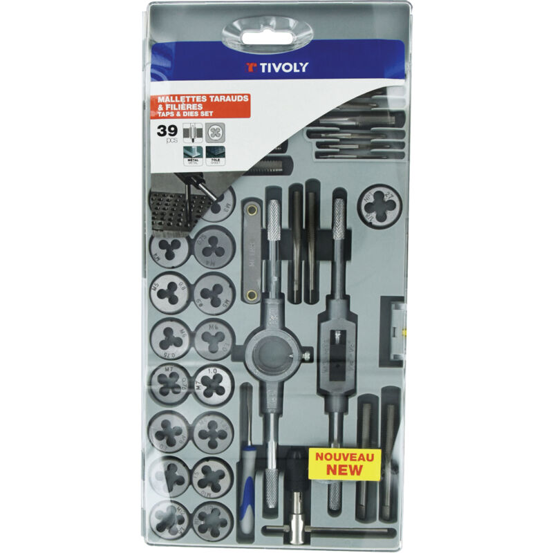 foto del prodotto tivoly scatola da 39 pezzi 17 maschi 17 filiere da m3 a m12 e da mf4 a mf12 1 calibro per filetti 1 cacciavite 2 portamaschi 1