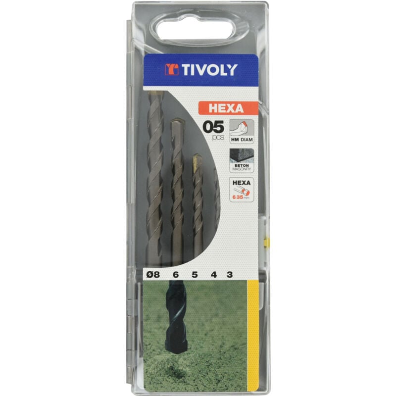 foto del prodotto tivoly scatola da 5 punte per cemento attacco extra hexa 6,35mm contenente 3 4 5 6 8mm