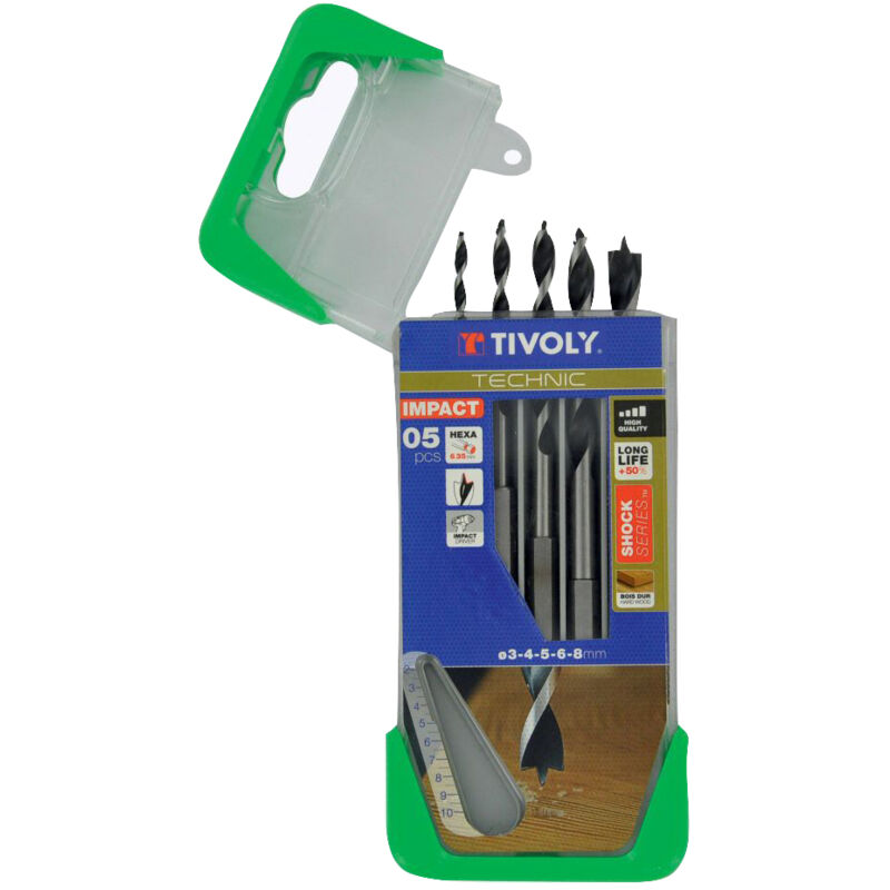 foto del prodotto tivoly scatola da 5 punte per legno a 3 punte gambo esagonale da 3 mm a 8 mm per forare legno duro