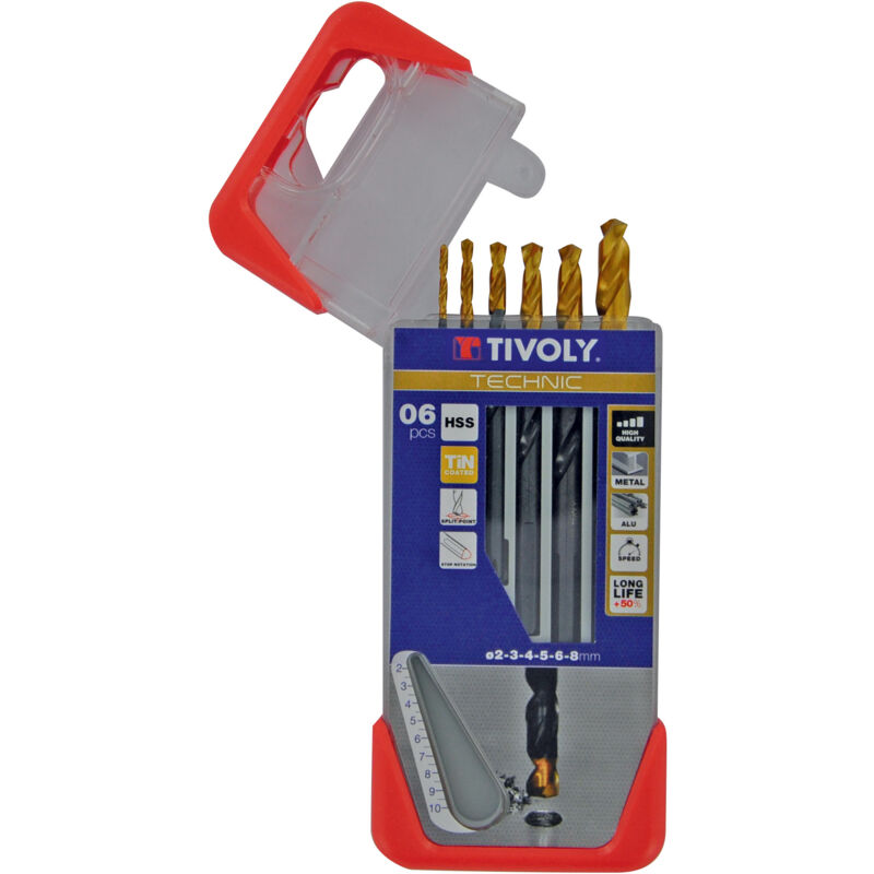 foto del prodotto tivoly scatola da 6 punte technic hss steam tin metal contenente 2 3 4 5 6 8 mm