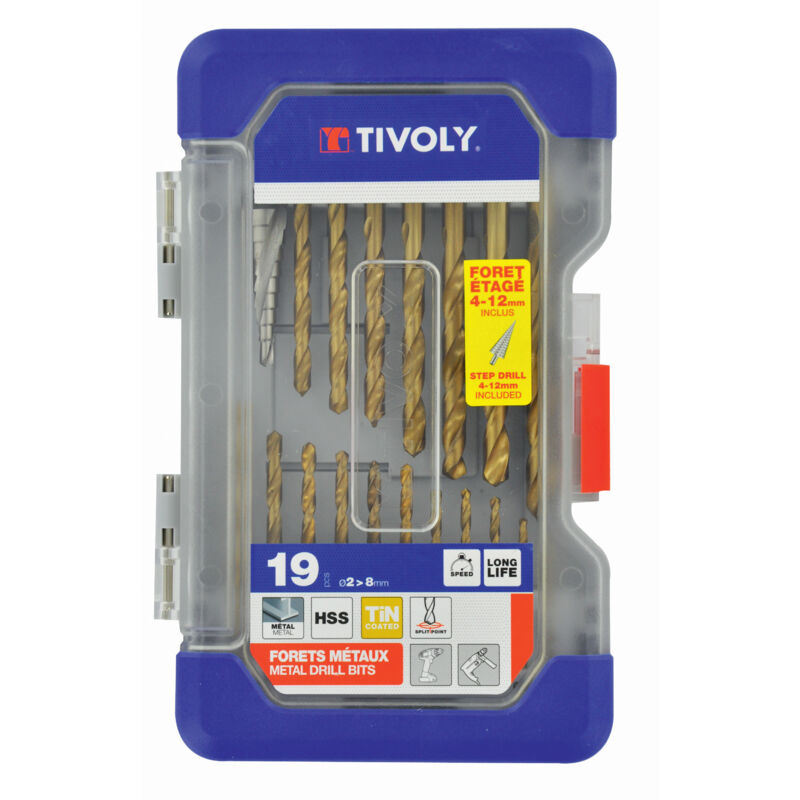 foto del prodotto tivoly scatola ranger 19 pezzi 18 punte in metallo laminato rivestite tin da 2 a 8 mm 1 punta a gradino