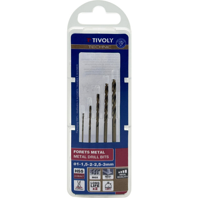 foto del prodotto tivoly set 5 punte trapano technic metallo cobalto 1 1,5 2 2,5 3mm