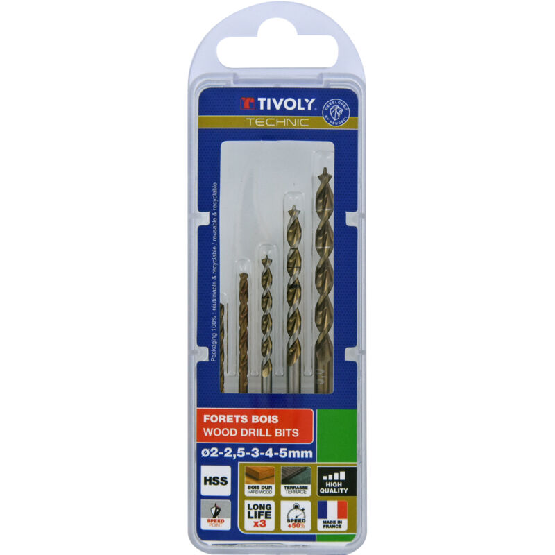 foto del prodotto tivoly set di 5 punte per legno technic graduate contenenti 2 2.5 3 4 5mm