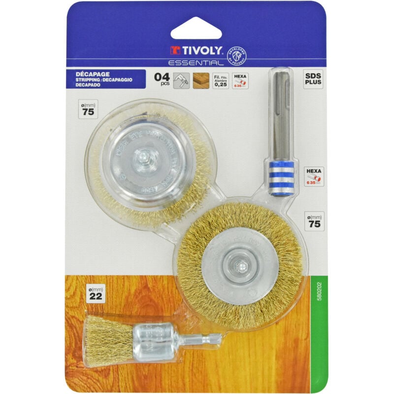foto del prodotto tivoly set tivolt da 4 pezzi 3 spazzole in legno 1 adattatore sds 
