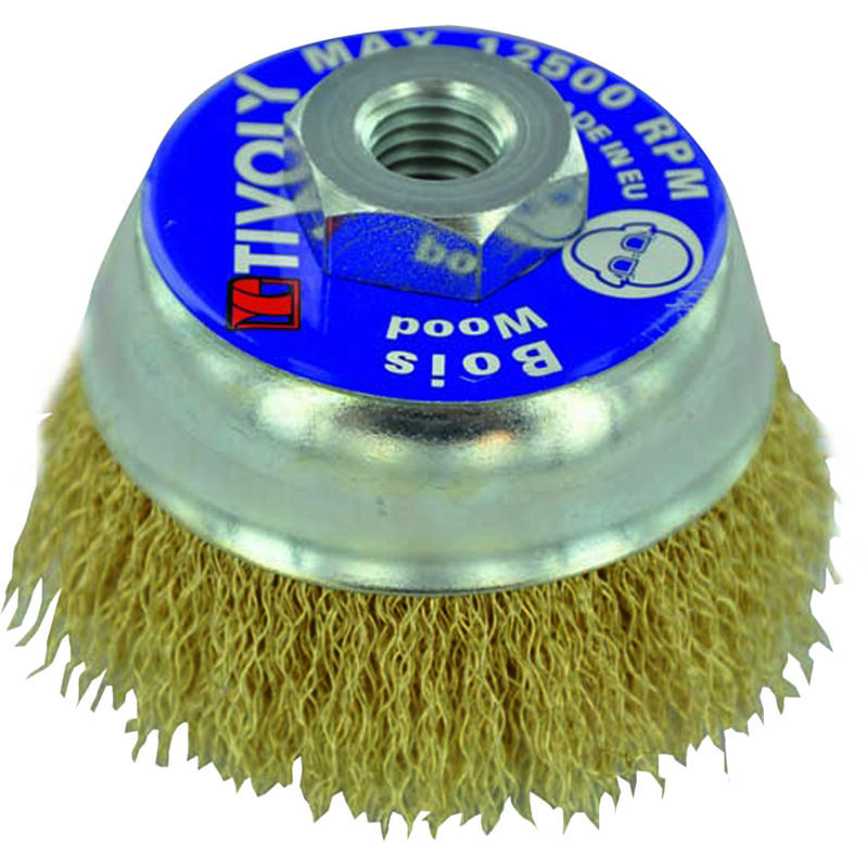 foto del prodotto tivoly spazzola a tazza 80mm m14 per smerigliatrice ondulata ottone acciaio tecnica stripping legno rame