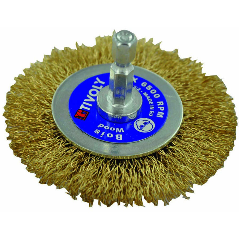 foto del prodotto tivoly spazzola circolare filo di acciaio ottonato 70mm coda esagonale per spellare legno per spellare rame