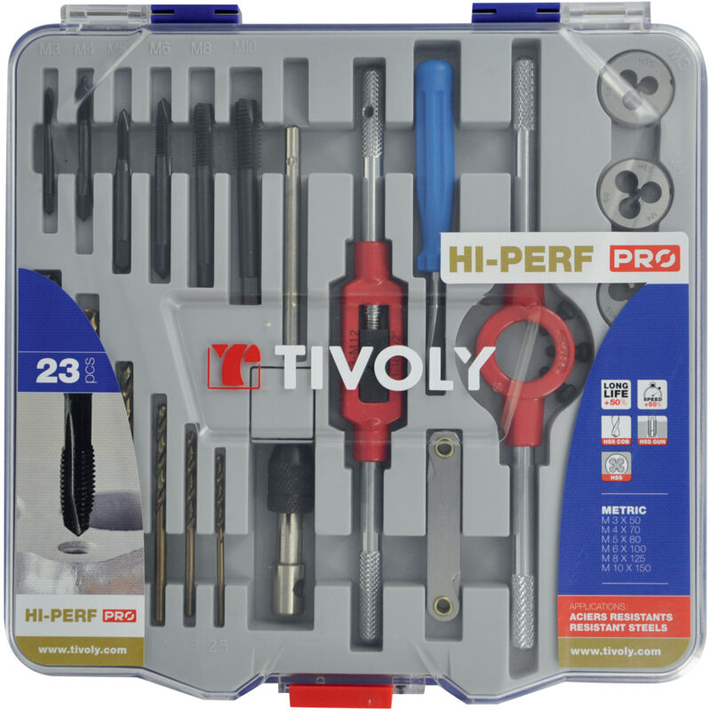 foto del prodotto tivoly valigetta 23 pz 6 maschi din 352 hss gun 6 filiere hss 4 accessori da m3 a m10 6 punte per metallo hss cobalto