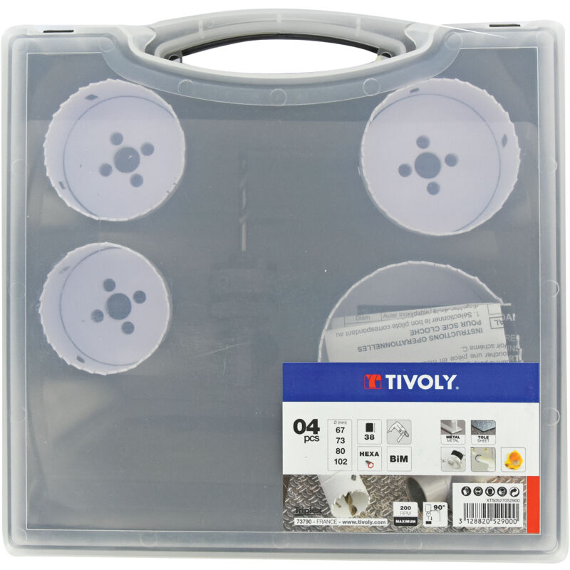 foto del prodotto tivoly valigetta da 5 pezzi 4 seghe a tazza bimetalliche hss da 67 a 102mm 1 albero pilota