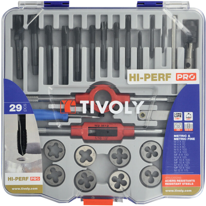 foto del prodotto tivoly valigetta pro 29 pezzi 12 maschi hss da m3 a m12 e da mf8 a mf12 12 filiere hss da m3 a m12 e da mf8 a mf12 2 tornitori sinistri 1