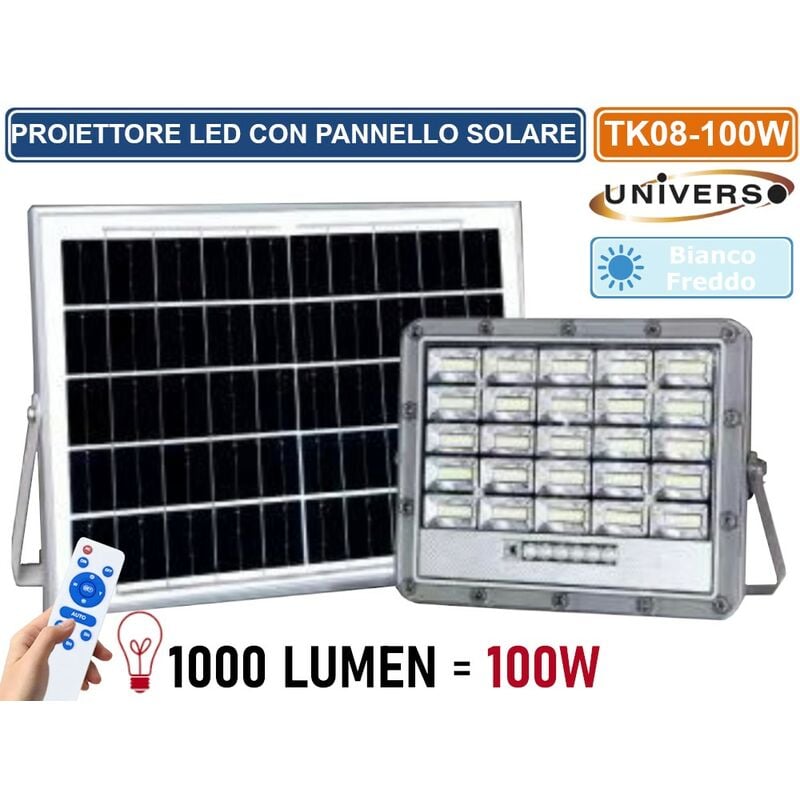 foto del prodotto tk08-100w faro led floodlight 1000 lumen ip65 colore grigio con pannello solare e telecomando - universo