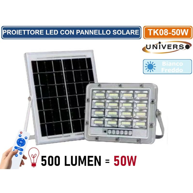 foto del prodotto tk08 50w faro led floodlight 500 lumen ip65 colore grigio con pannello solare e telecomando universo
