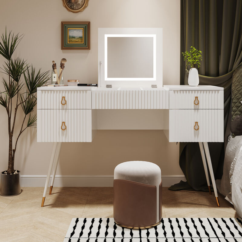 foto del prodotto toeletta bianca senza sedie , include specchio led a luminosit regolabile, accessori di lusso placcati in oro e spazi multipli, con 4 cassetti,