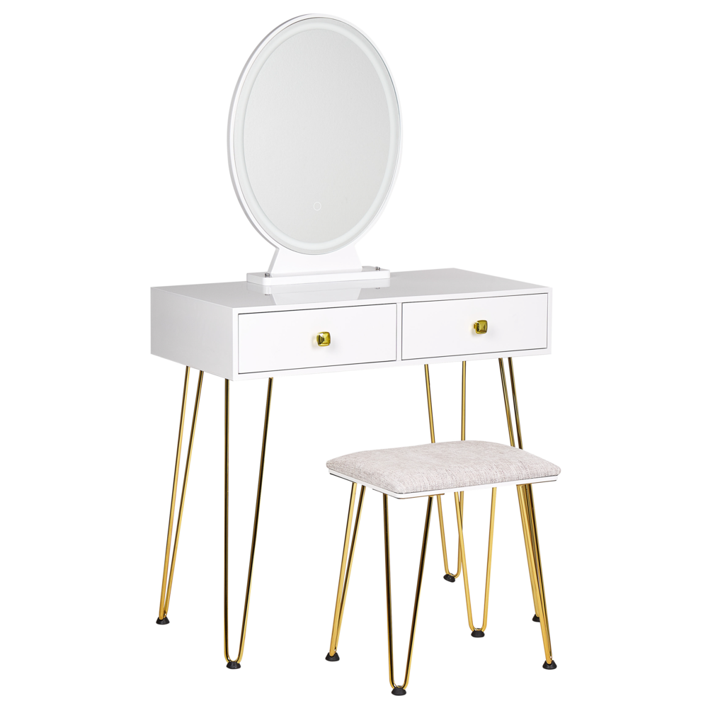immagine 0 del prodotto toeletta con 2 cassetti specchio led bianco e oro e sgabello camera da letto elegante