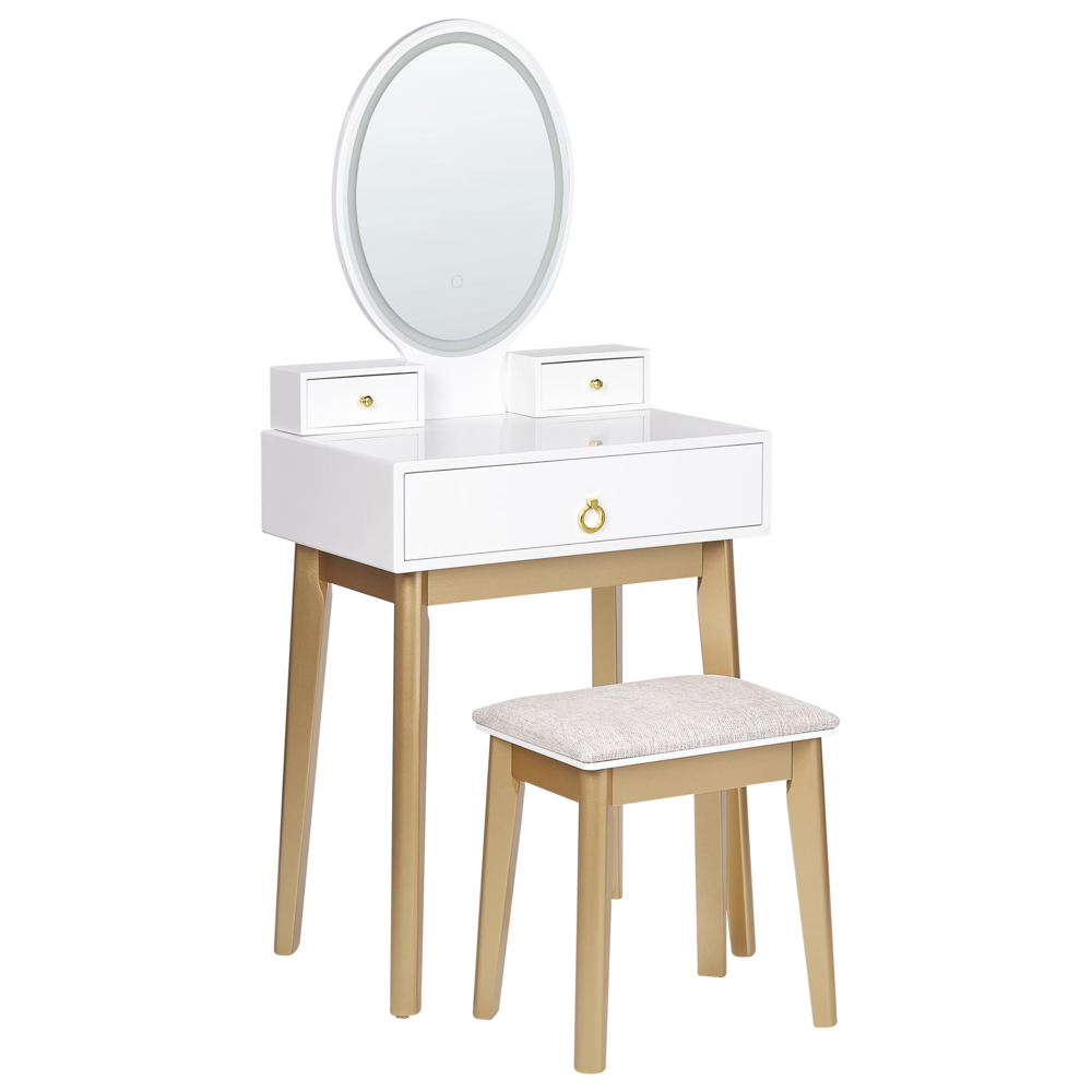 foto del prodotto toeletta con 3 cassetti specchio led bianco e oro e sgabello rosey