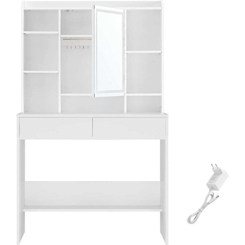 foto del prodotto toeletta con luci led 3 colorazioni con luminosit regolabile, tavolo da trucco con specchio, spazioso, ripiani regolabili, 2 cassetti, postazione