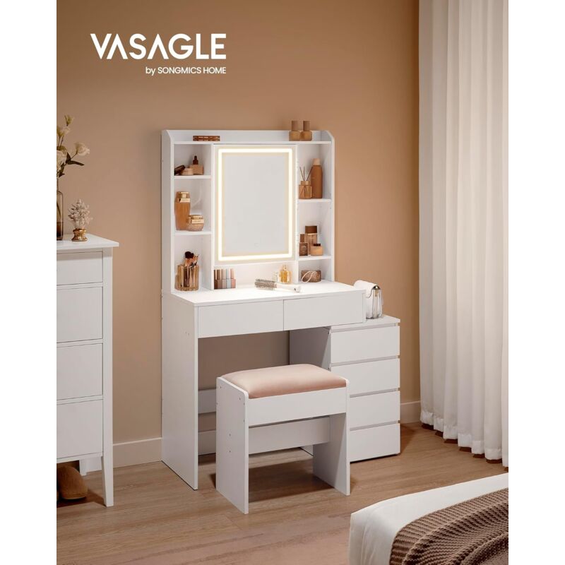 foto del prodotto toeletta con luci led a luminosit regolabile, tavolo da trucco con specchio, scomparti aperti, ripiani regolabili, postazione trucco, moderno,