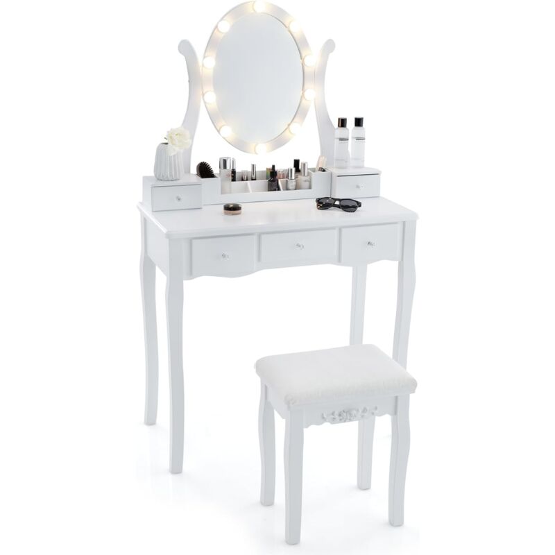 foto del prodotto toeletta con luci led regolabile, 3 modalit di colore, tavolo da trucco con specchio ad angolo regolabile, 5 cassetti e griglia di stoccaggio, set