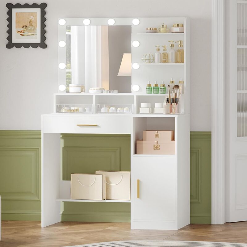 foto del prodotto toeletta con specchio, 10 luci led, toeletta per il trucco, bianco