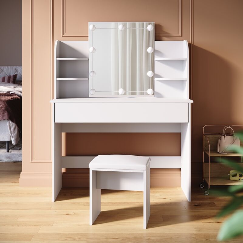 foto del prodotto toeletta con specchio 108x40x140cm tavolo da toeletta con vanity light a 3 colori e sgabello moderno mobile da trucco bianca sirhona