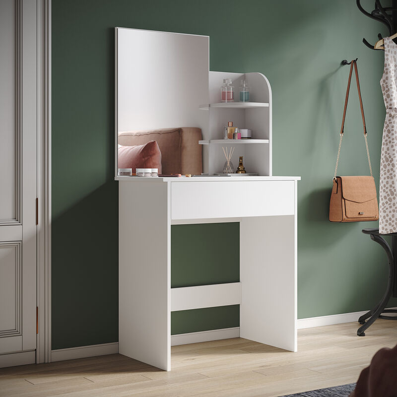 foto del prodotto toeletta con specchio 70 x 40 x 140cm tavolo da trucco con 1 cassetto e 2 ripiani portaoggetti postazione trucco moderno mobile da trucco bianca
