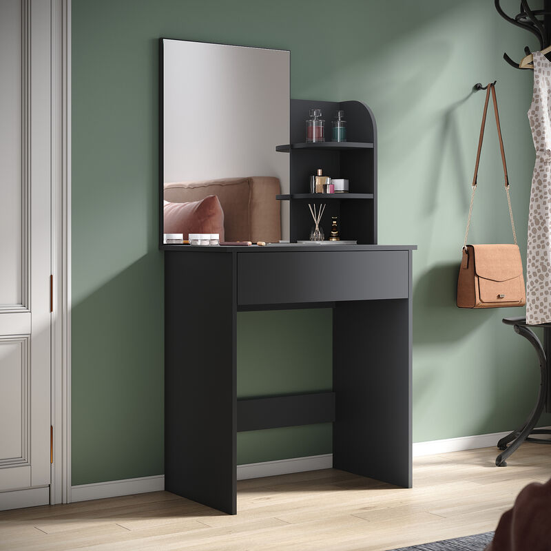 foto del prodotto toeletta con specchio 70 x 40 x 140cm tavolo da trucco con 1 cassetto e 2 ripiani portaoggetti postazione trucco moderno mobile da trucco nero