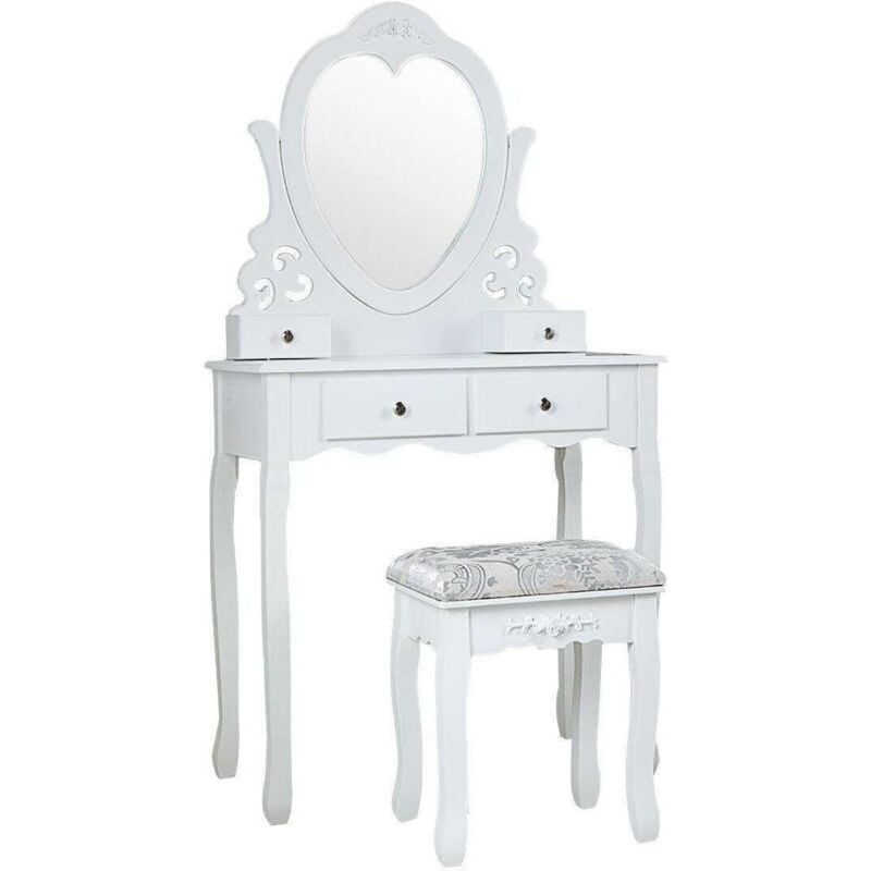 foto del prodotto toeletta con specchio a forma di cuore e sgabello 74x40x143 cm bianco