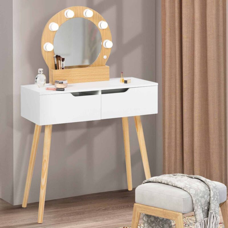 foto del prodotto toeletta con specchio e 2 cassetti scandinavo in legno e bianco con specchio horia