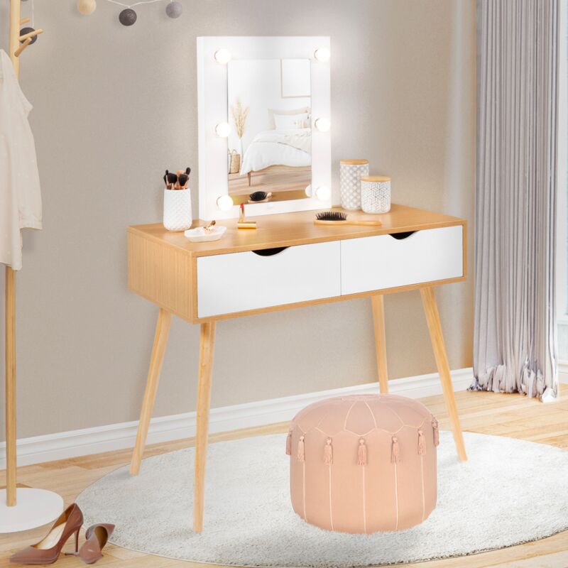 foto del prodotto toeletta con specchio e 2 cassetti scandinavo in legno e bianco con specchio led livia
