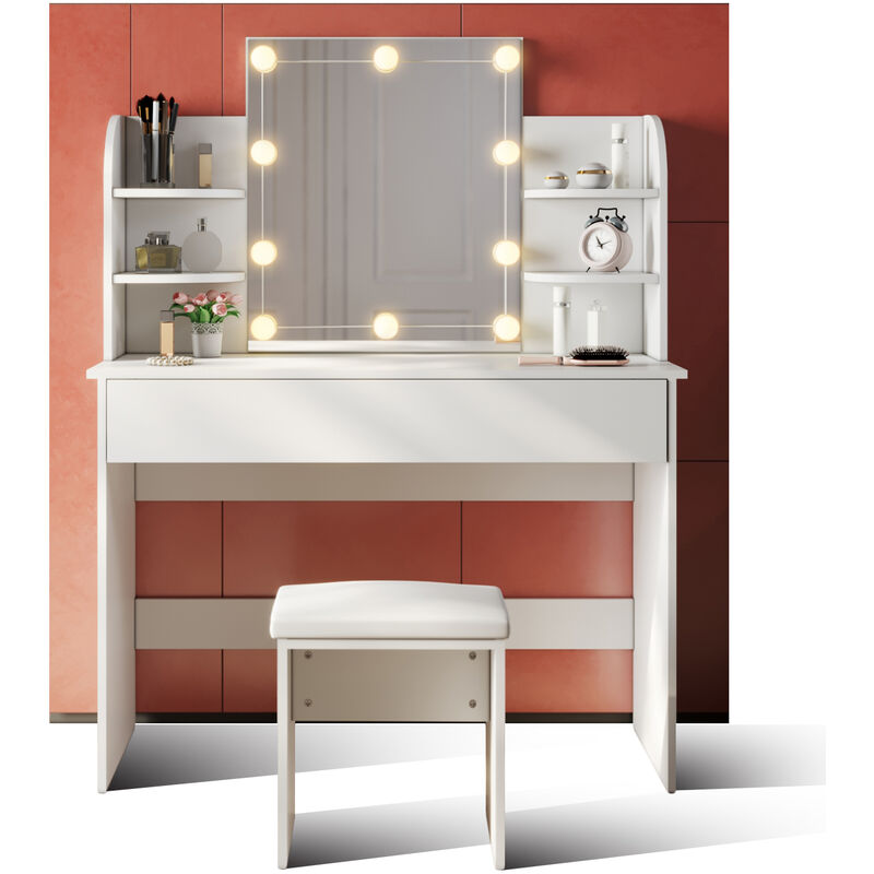 foto del prodotto toeletta con specchio e lampadine illuminanti 108x40x140cm vanity toeletta con morbido sgaballo trucco 6 scomparti portaoggetti postazione trucco