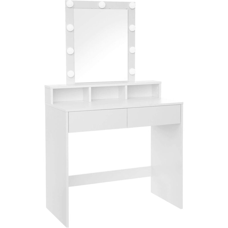 foto del prodotto toeletta con specchio e lampadine illuminanti, tavolo da trucco con 2 cassetti e 3 scomparti portaoggetti, postazione trucco, stile moderno, bianco