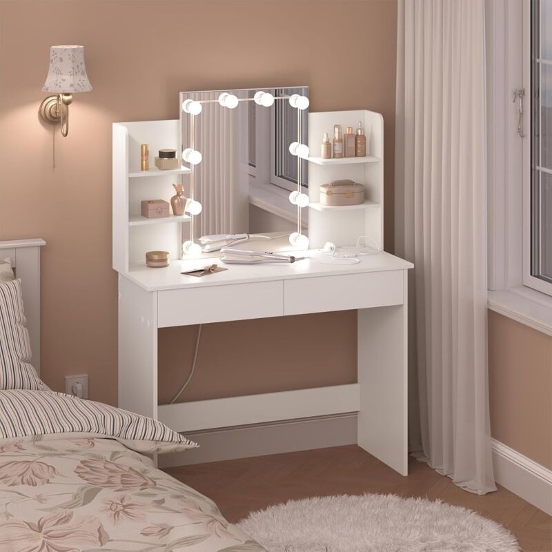 foto del prodotto toeletta con specchio led con 2 cassetti e 4 ripiani, stile moderno, bianco woltu