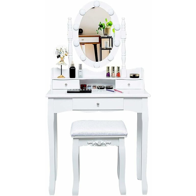 foto del prodotto toeletta con specchio ovale e luci, con 10 luci led e 3 cassetti, ampia scrivania e sgabello imbottito, toeletta multifunzione con tanto spazio, con