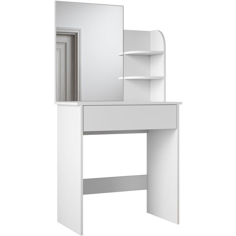 foto del prodotto toeletta con specchio tavolo da trucco con 1 cassetto e 2 ripiani portaoggetti postazione trucco moderno 70 x 40 x 140cm mobile da trucco bianca