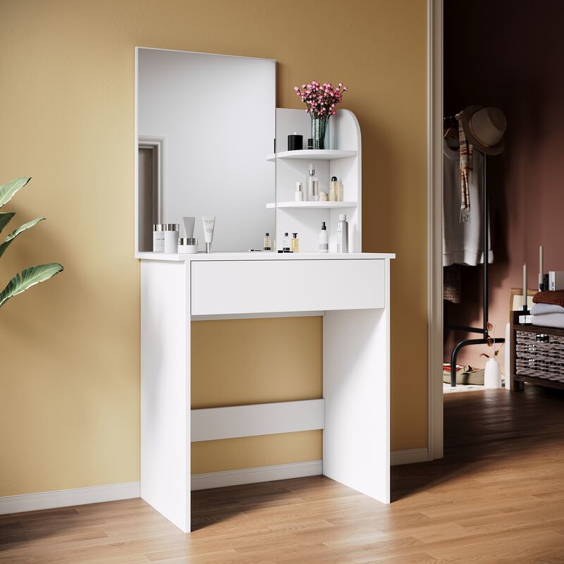 foto del prodotto toeletta con specchio tavolo da trucco con 1 cassetto e 2 ripiani portaoggetti postazione trucco moderno mobile da trucco bianca 70 x 40 x 140cm