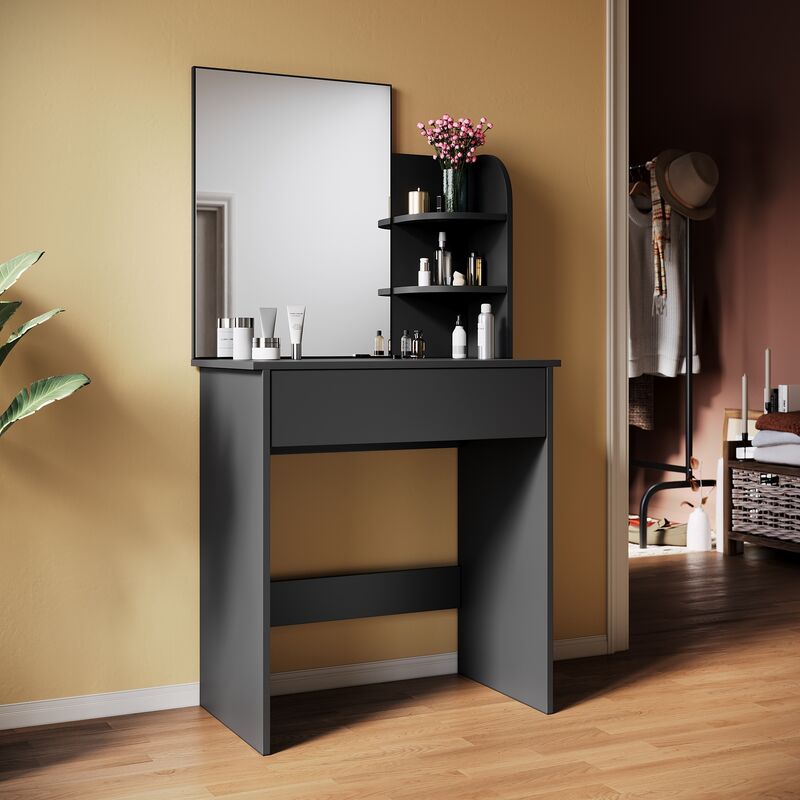 foto del prodotto toeletta con specchio tavolo da trucco con 1 cassetto e 2 ripiani portaoggetti postazione trucco moderno mobile da trucco nero 70 x 40 x 140cm
