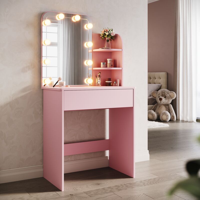 foto del prodotto toeletta con specchio tavolo da trucco con 1 cassetto e 2 ripiani portaoggetti postazione trucco moderno mobile da trucco rosa 70 x 40 x 140cm