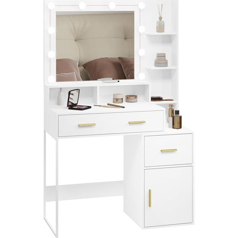 foto del prodotto toeletta con specchio. tavolo da trucco con 1 scomparto. 2 cassetto e 3 ripiani portaoggetti. postazione trucco bianco woltu