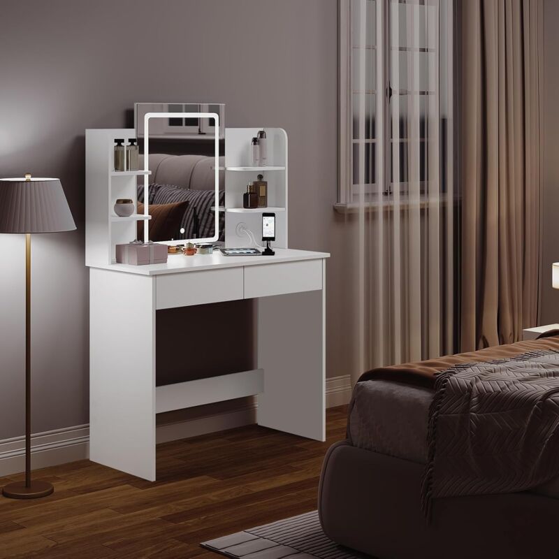 foto del prodotto toeletta da trucco bianco con specchio a led e 2 porte usb woltu
