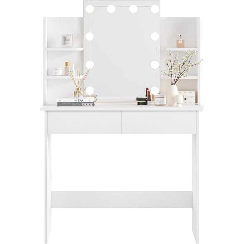foto del prodotto toeletta da trucco con 10 luci led hollywood. tavolo da trucco moderno con specchio. postazione make up con mensole aperte e 2 cassetti. 90x40x135cm.