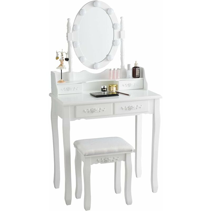 foto del prodotto toeletta da trucco con 10 luci led, tavolo da trucco con specchio ovale illuminato, toeletta con 4 cassetti e sgabello imbottito per camera da letto
