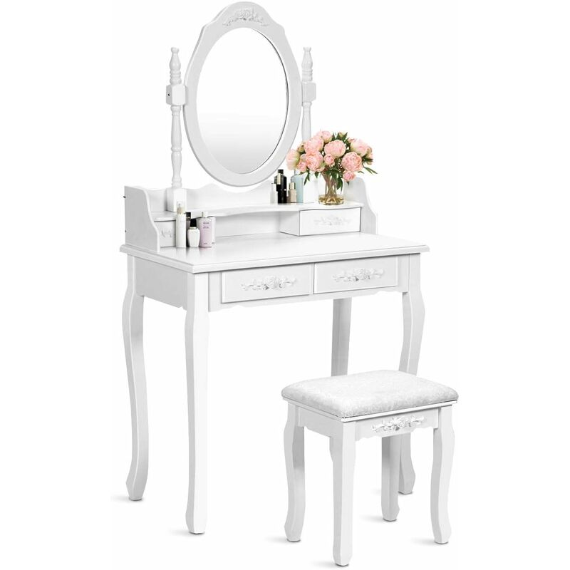 foto del prodotto toeletta da trucco, con cassetti per cosmetici, set mobile di tavolo e sgabello, specchiera rimovibile, multiuso scrivinia da camera, in legno,