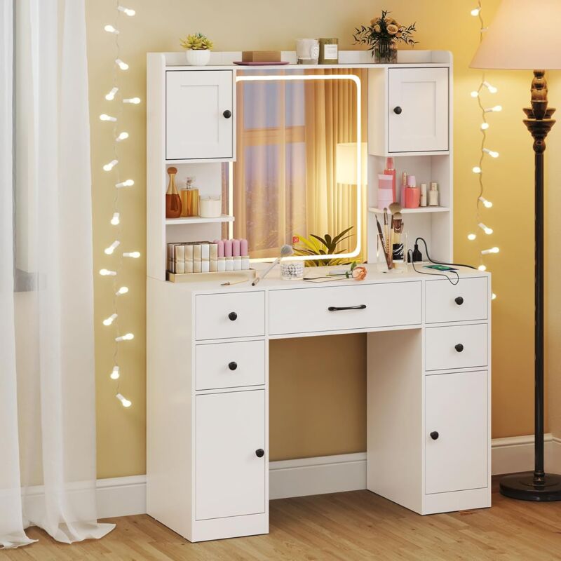 foto del prodotto toeletta da trucco con luci led a 3 colori luminosit regolabile, tavolo da trucco con specchio e stazione di ricarica, scrivania trucco con 5