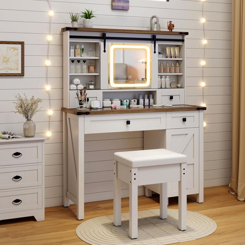 foto del prodotto toeletta da trucco con luci led a 3 colori luminosit regolabile, tavolo da trucco con specchio scorrevole e piano di vetro, postazione trucco con 4