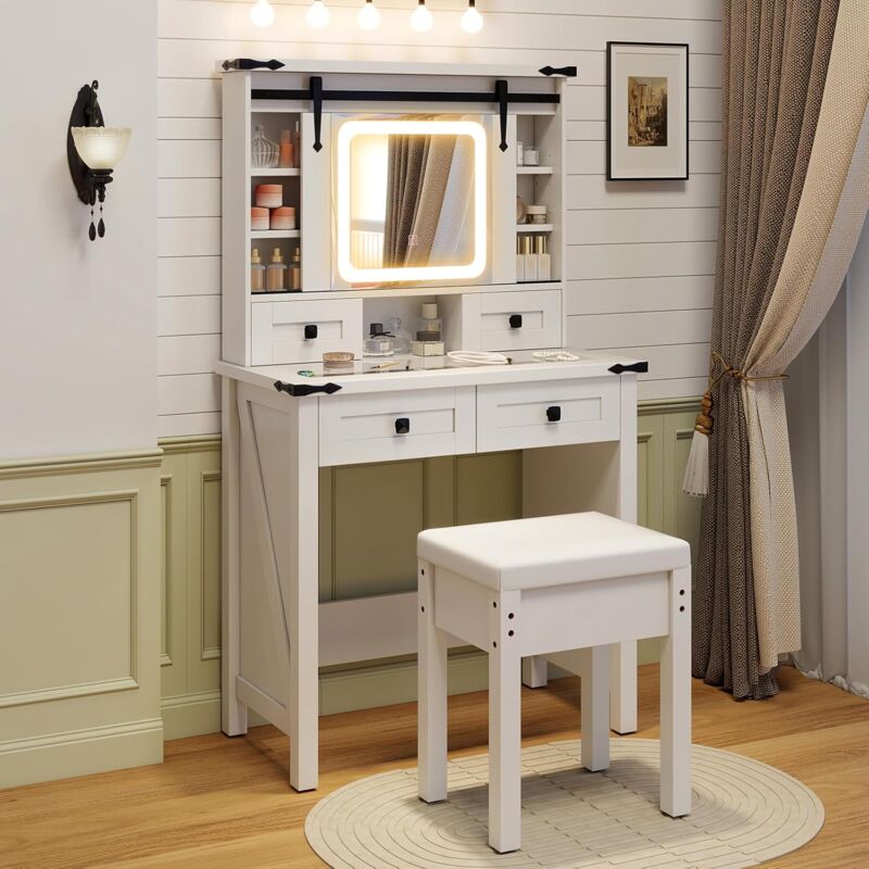 foto del prodotto toeletta da trucco con luci led a 3 colori luminosit regolabile, tavolo da trucco con specchio scorrevole e piano di vetro, postazione trucco con 4