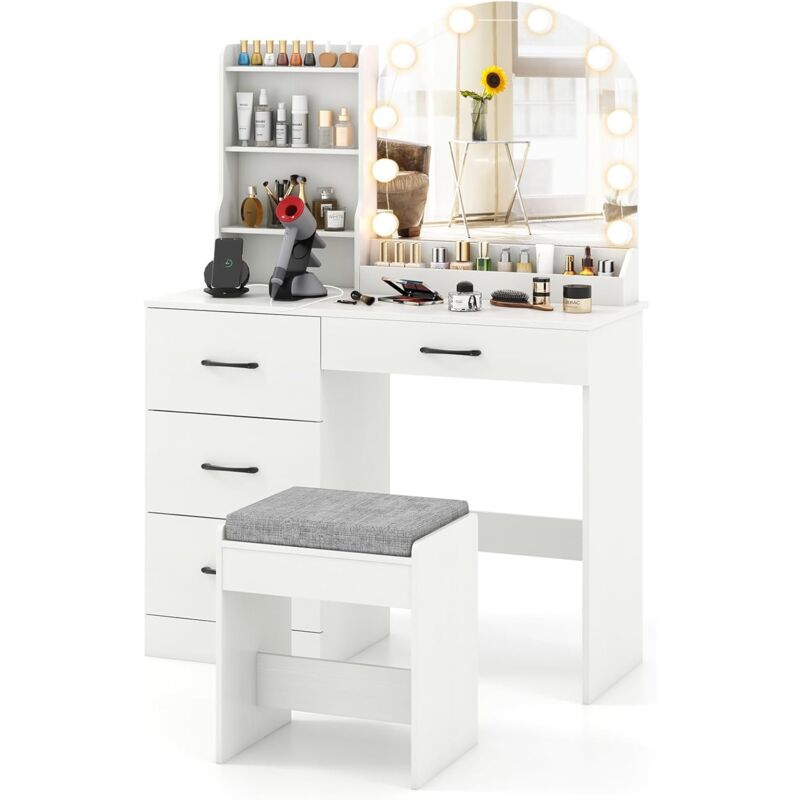 foto del prodotto toeletta da trucco con luci, set tavolo da trucco e sgabello con stazione di ricarica, luci led regolabili a 3 colori, 4 cassetti e ripiani di