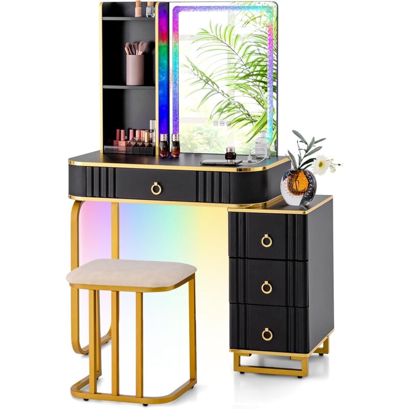 foto del prodotto toeletta da trucco con specchio e luci, tavolo da trucco con sgabello, porta 7 luci led dinamiche e 7 luci statiche dimmerabili, porte usb e 4